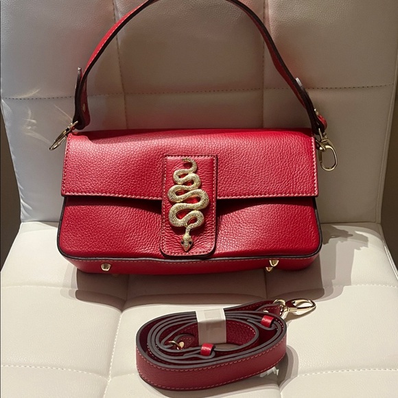 Divina Firenze Red Leather Shoulder Bag with Gold Snake Detail - Picture 1 of 3